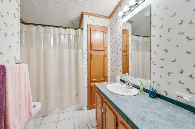 7900 Sunset Shores Dr, Canadian Lakes, MI 49346 - full bathroom with wallpapered walls, vanity, a textured ceiling, and tile patterned flooring