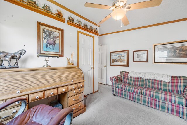 7900 Sunset Shores Dr, Canadian Lakes, MI 49346 - office space featuring light carpet, a ceiling fan, and crown molding