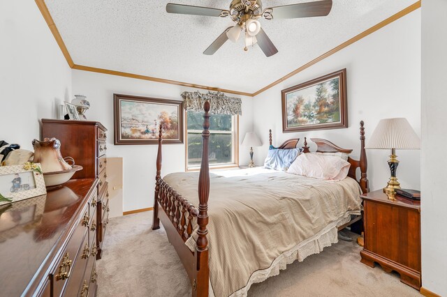 7900 Sunset Shores Dr, Canadian Lakes, MI 49346 - bedroom featuring crown molding, light colored carpet, vaulted ceiling, a textured ceiling, and ceiling fan