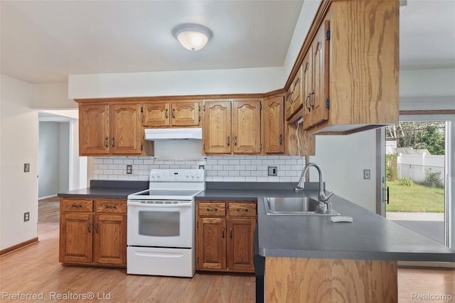 839 Judith St, Westland, MI 48186 - kitchen featuring white electric stove, under cabinet range hood, dark countertops, decorative backsplash, and light wood-style flooring