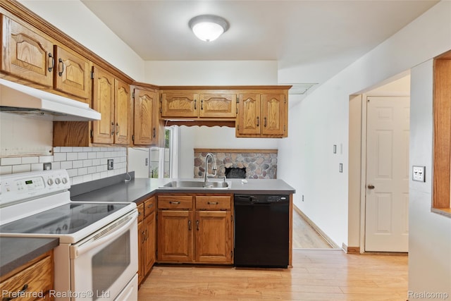 839 Judith St, Westland, MI 48186 - kitchen with black dishwasher, white electric stove, under cabinet range hood, backsplash, and brown cabinetry