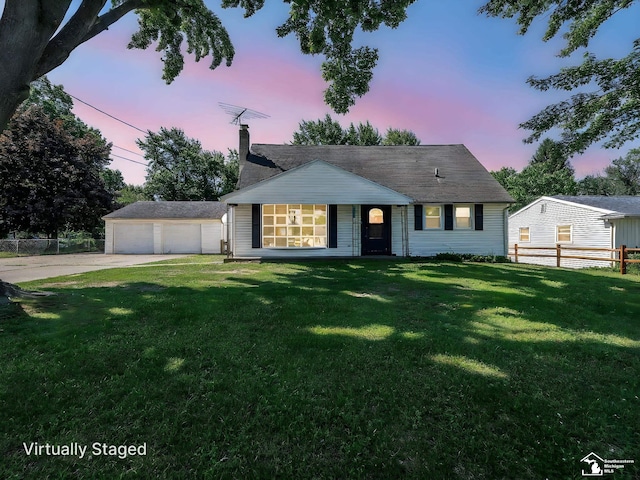 855 Mildred Ave, Temperance, MI 48182 - ranch-style home with a chimney, a garage, and covered porch
