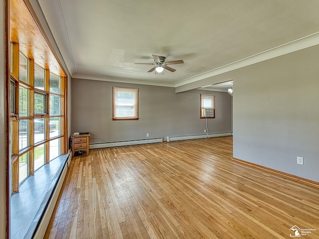 855 Mildred Ave, Temperance, MI 48182 - unfurnished room featuring a baseboard radiator, a baseboard heating unit, light wood finished floors, crown molding, and ceiling fan