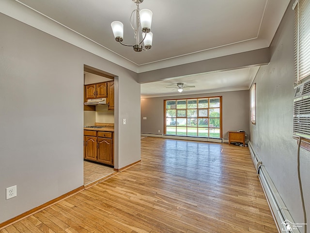 855 Mildred Ave, Temperance, MI 48182 - unfurnished room with baseboard heating, light wood finished floors, ceiling fan, ornamental molding, and a chandelier