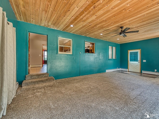 855 Mildred Ave, Temperance, MI 48182 - carpeted empty room featuring wooden ceiling, a baseboard radiator, ceiling fan, recessed lighting, and plenty of natural light