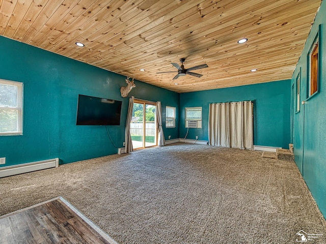855 Mildred Ave, Temperance, MI 48182 - unfurnished living room with wooden ceiling, recessed lighting, a ceiling fan, baseboard heating, and carpet
