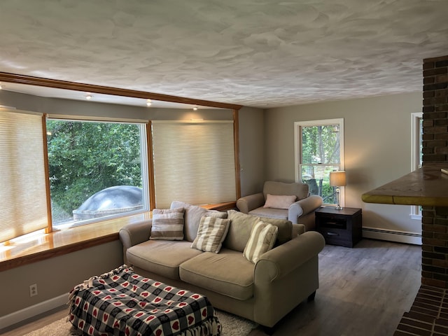 4442 Congdon Dr, Williamston, MI 48895 - living room featuring a baseboard heating unit, wood finished floors, and a textured ceiling