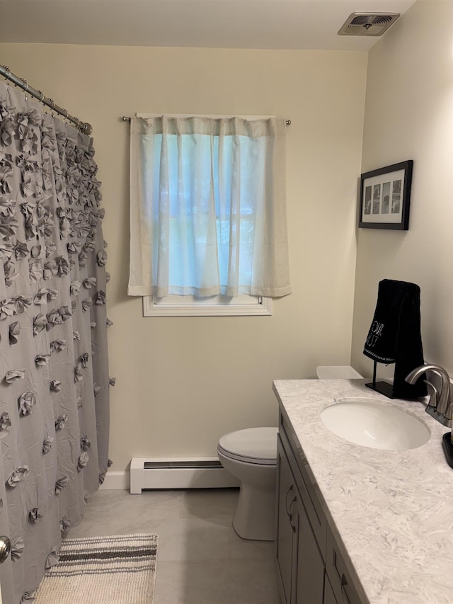 4442 Congdon Dr, Williamston, MI 48895 - bathroom with a baseboard radiator, vanity, and curtained shower