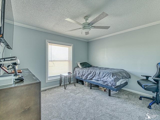 8955 Grafton Rd, Newport, MI 48166 - bedroom with ornamental molding, carpet, a textured ceiling, and ceiling fan
