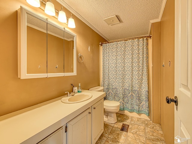8955 Grafton Rd, Newport, MI 48166 - bathroom with a textured ceiling, vanity, ornamental molding, and stone finish flooring