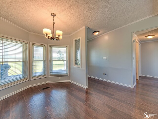 8955 Grafton Rd, Newport, MI 48166 - unfurnished room featuring a textured ceiling, a chandelier, dark wood-style floors, and ornamental molding