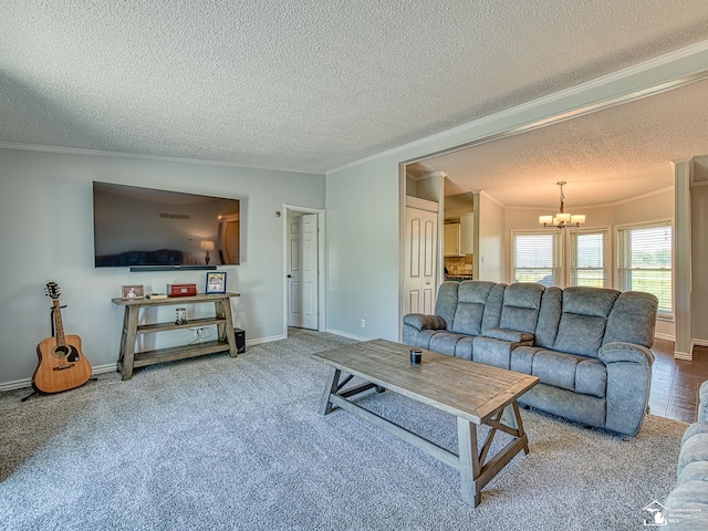 8955 Grafton Rd, Newport, MI 48166 - carpeted living room with crown molding, a chandelier, and a textured ceiling