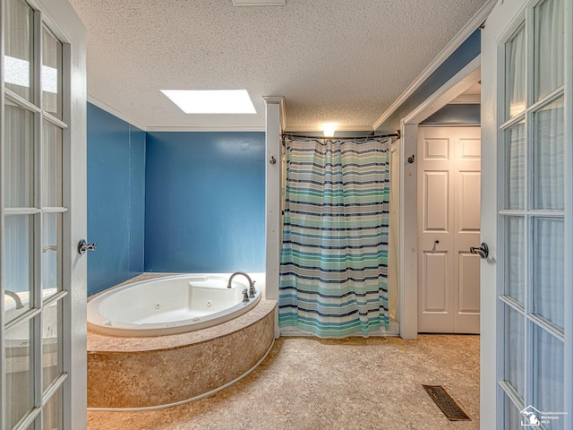 8955 Grafton Rd, Newport, MI 48166 - full bath with crown molding, a whirlpool tub, a textured ceiling, french doors, and a shower with curtain