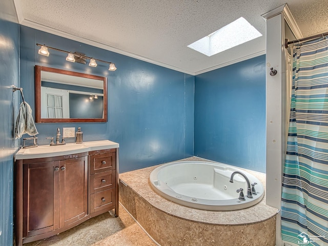 8955 Grafton Rd, Newport, MI 48166 - bathroom with a skylight, a textured ceiling, a tub with jets, vanity, and ornamental molding
