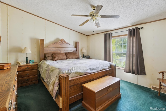 4591 Swaffer Rd, Millington, MI 48746 - bedroom featuring carpet, crown molding, a textured ceiling, lofted ceiling, and ceiling fan