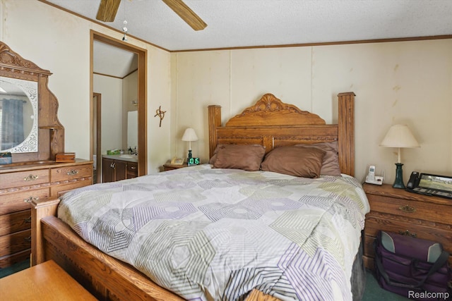 4591 Swaffer Rd, Millington, MI 48746 - bedroom featuring a textured ceiling, crown molding, ensuite bath, and a ceiling fan