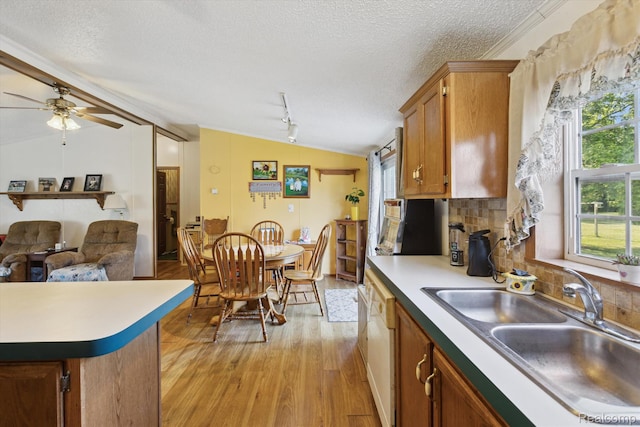 4591 Swaffer Rd, Millington, MI 48746 - kitchen featuring lofted ceiling, a textured ceiling, light wood-type flooring, brown cabinets, and decorative backsplash