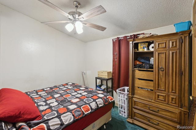 4591 Swaffer Rd, Millington, MI 48746 - bedroom featuring dark colored carpet, a ceiling fan, a textured ceiling, and lofted ceiling
