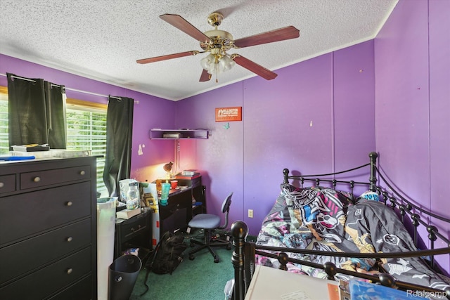4591 Swaffer Rd, Millington, MI 48746 - carpeted bedroom featuring a textured ceiling, vaulted ceiling, and a ceiling fan