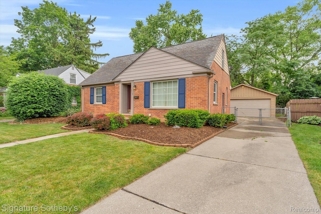 1717 Penistone St, Birmingham, MI 48009 - bungalow-style house featuring a gate, brick siding, an outdoor structure, a garage, and a shingled roof