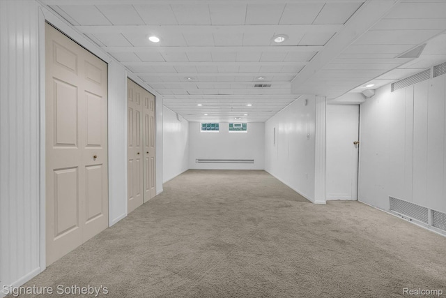 1717 Penistone St, Birmingham, MI 48009 - below grade area featuring a baseboard radiator, carpet, and recessed lighting
