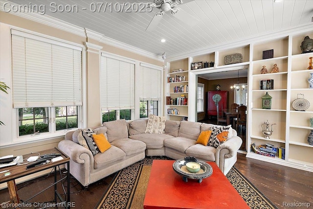 777 Kensington Ln, Bloomfield Hills, MI 48304 - living area featuring built in features, wood finished floors, ornamental molding, plenty of natural light, and ceiling fan