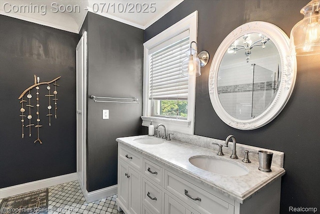 777 Kensington Ln, Bloomfield Hills, MI 48304 - bathroom featuring double vanity, tile patterned floors, and ornamental molding