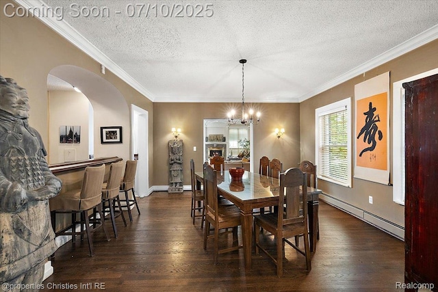 777 Kensington Ln, Bloomfield Hills, MI 48304 - dining area with baseboard heating, a textured ceiling, wood finished floors, a chandelier, and crown molding