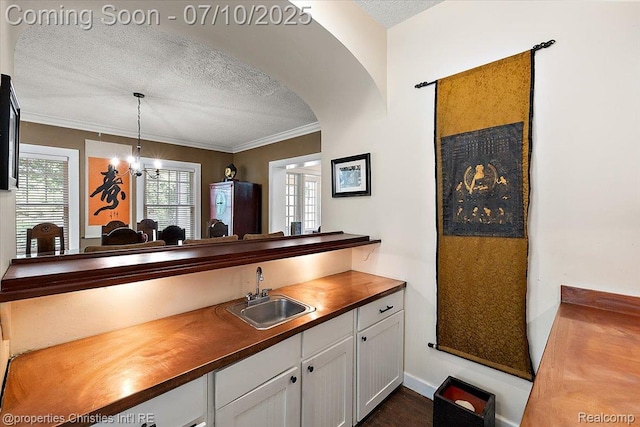 777 Kensington Ln, Bloomfield Hills, MI 48304 - kitchen with a textured ceiling, wooden counters, white cabinetry, crown molding, and pendant lighting