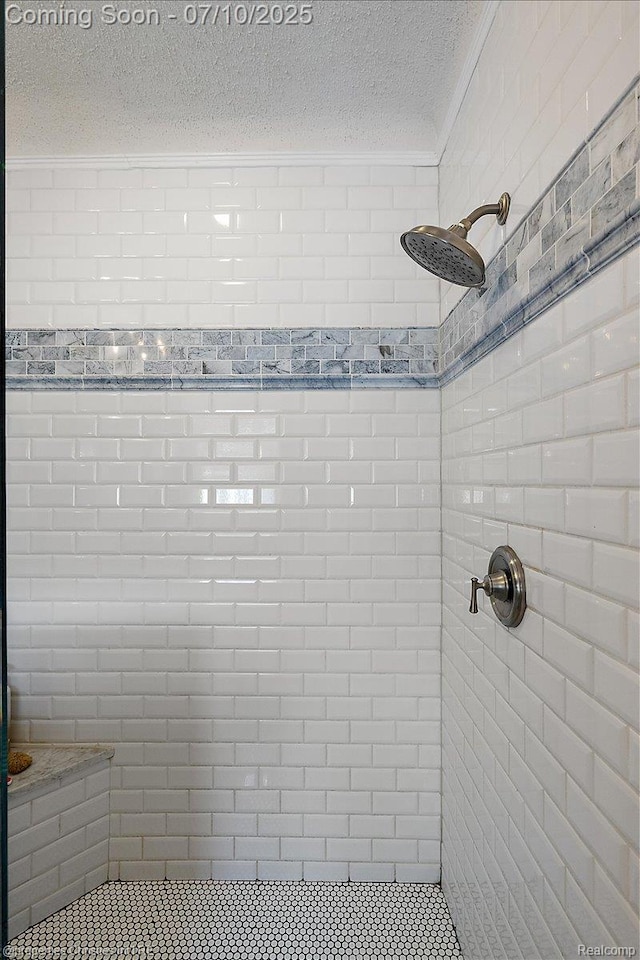 777 Kensington Ln, Bloomfield Hills, MI 48304 - bathroom featuring a textured ceiling, crown molding, and a tile shower