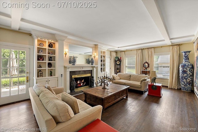 777 Kensington Ln, Bloomfield Hills, MI 48304 - living area featuring a high end fireplace, wood finished floors, beamed ceiling, and baseboard heating
