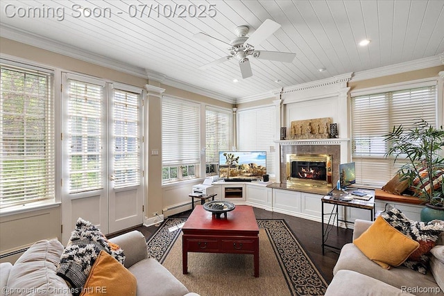 777 Kensington Ln, Bloomfield Hills, MI 48304 - living area with a ceiling fan, wood ceiling, a premium fireplace, recessed lighting, and ornamental molding