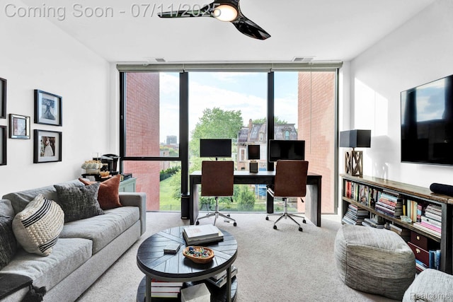 258 Edmund Pl, Detroit, MI 48201 - living room with floor to ceiling windows, a desk, a ceiling fan, and carpet