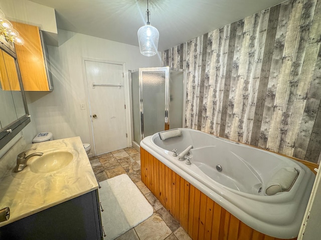 2620 N 184th Ave, Walkerville, MI 49459 - full bathroom featuring a stall shower, vanity, a jetted tub, and stone finish floors