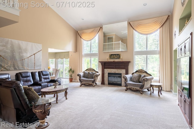 6120 Evanswood Rd, Troy, MI 48085 - carpeted living room with a high ceiling, a fireplace, and crown molding