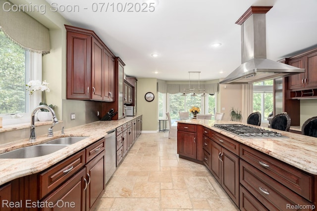 6120 Evanswood Rd, Troy, MI 48085 - kitchen featuring island exhaust hood, stainless steel appliances, stone tile floors, recessed lighting, and light stone counters