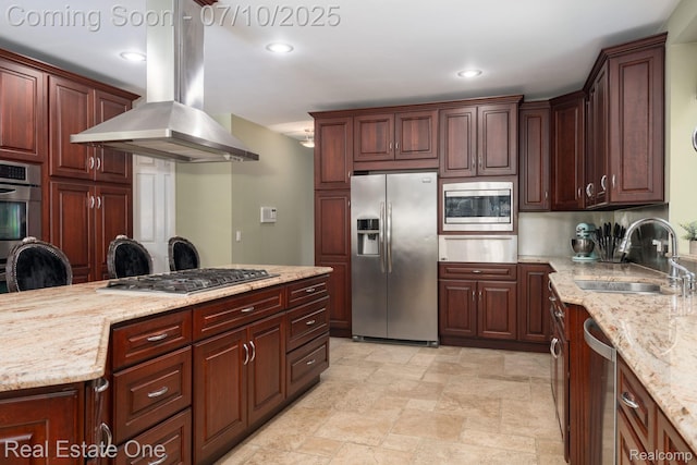 6120 Evanswood Rd, Troy, MI 48085 - kitchen with stainless steel appliances, island exhaust hood, a warming drawer, stone finish flooring, and light stone counters