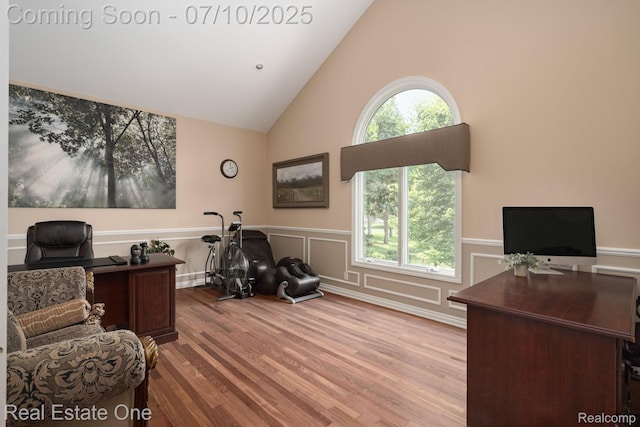 6120 Evanswood Rd, Troy, MI 48085 - office with high vaulted ceiling, wainscoting, wood finished floors, and plenty of natural light