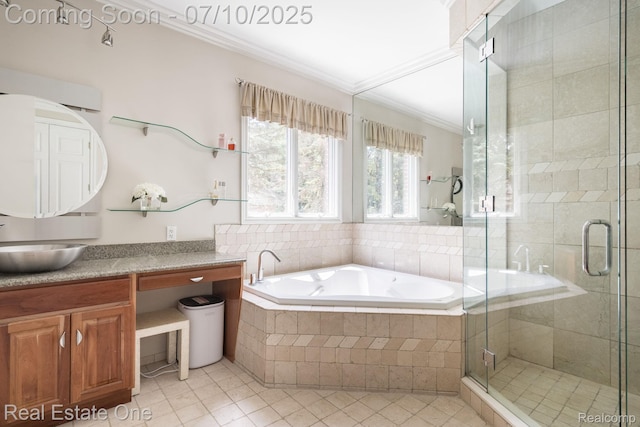 6120 Evanswood Rd, Troy, MI 48085 - bathroom featuring tile patterned floors, ornamental molding, a bath, a shower stall, and vanity