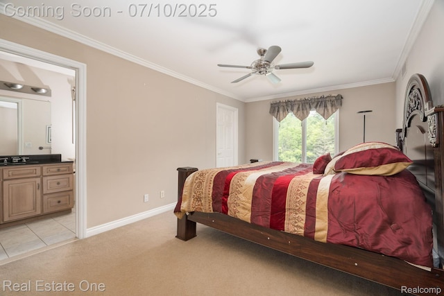 6120 Evanswood Rd, Troy, MI 48085 - bedroom featuring light carpet, crown molding, ensuite bathroom, and ceiling fan