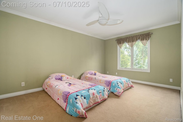 6120 Evanswood Rd, Troy, MI 48085 - bedroom with ornamental molding, carpet flooring, and a ceiling fan