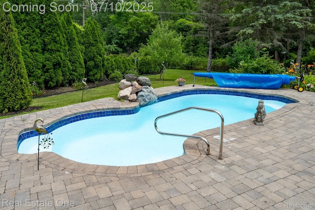 6120 Evanswood Rd, Troy, MI 48085 - swimming pool featuring a yard, a patio area, and a view of trees