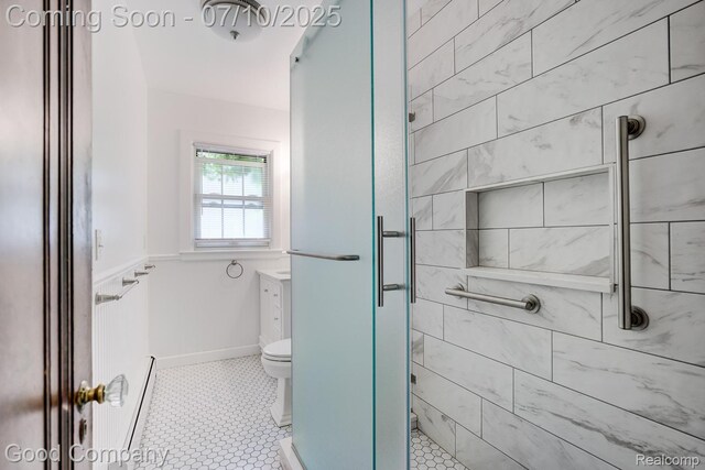 66 Oakdale Blvd, Pleasant Ridge, MI 48069 - bathroom with a stall shower, tile patterned flooring, and baseboard heating