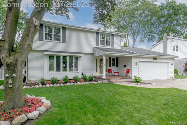 11216 Old Bridge Rd, Grand Blanc, MI 48439 - view of front of house featuring covered porch, a garage, concrete driveway, and a front lawn
