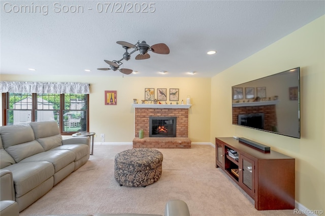 11216 Old Bridge Rd, Grand Blanc, MI 48439 - carpeted living room featuring a brick fireplace, ceiling fan, recessed lighting, and a textured ceiling
