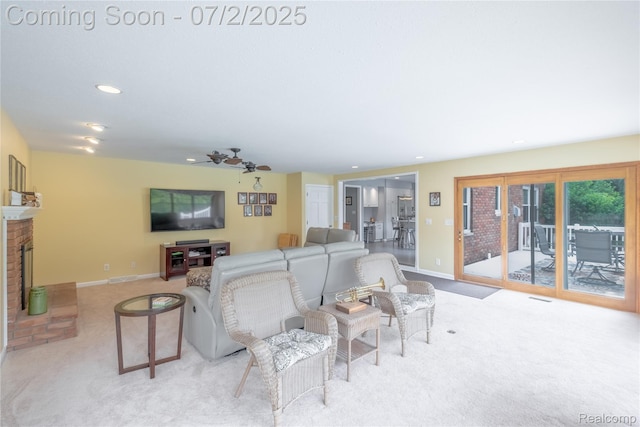 11216 Old Bridge Rd, Grand Blanc, MI 48439 - carpeted living area with recessed lighting, a fireplace, and a ceiling fan