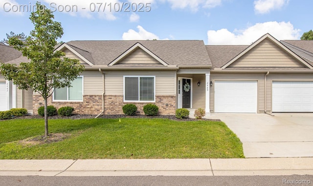2489 Hatchery Crossing Dr, Waterford, MI 48329 - view of front of house with concrete driveway, an attached garage, a front yard, brick siding, and a shingled roof
