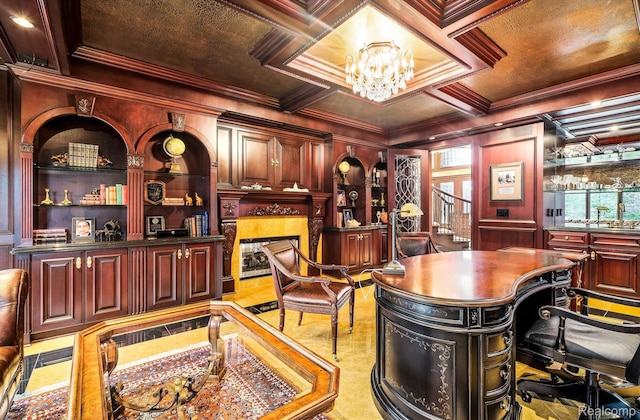 18198 Shelley Pond, Northville, MI 48168 - office area featuring ornamental molding, a chandelier, plenty of natural light, a fireplace, and coffered ceiling