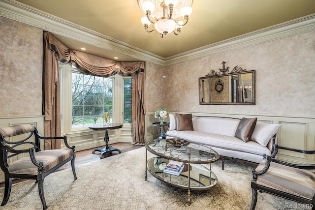 18198 Shelley Pond, Northville, MI 48168 - living room with ornamental molding, a chandelier, wood finished floors, a decorative wall, and wainscoting