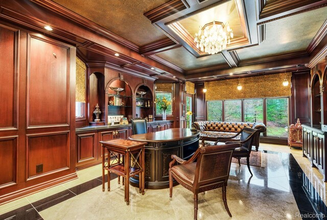 18198 Shelley Pond, Northville, MI 48168 - bar with ornamental molding, a chandelier, and a decorative wall